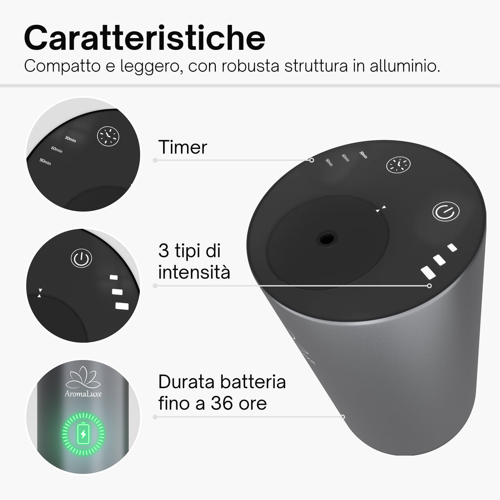 AromaLuxe – Diffusore Oli Essenziali Senza Fili in Alluminio Nero