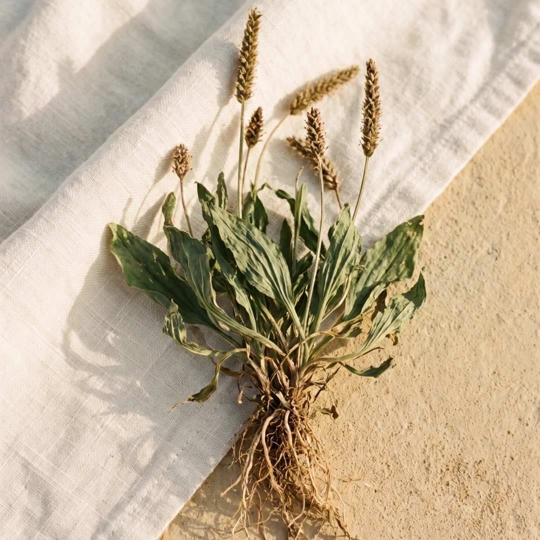 Full Plantago ovata plant isolated on cream linen cloth