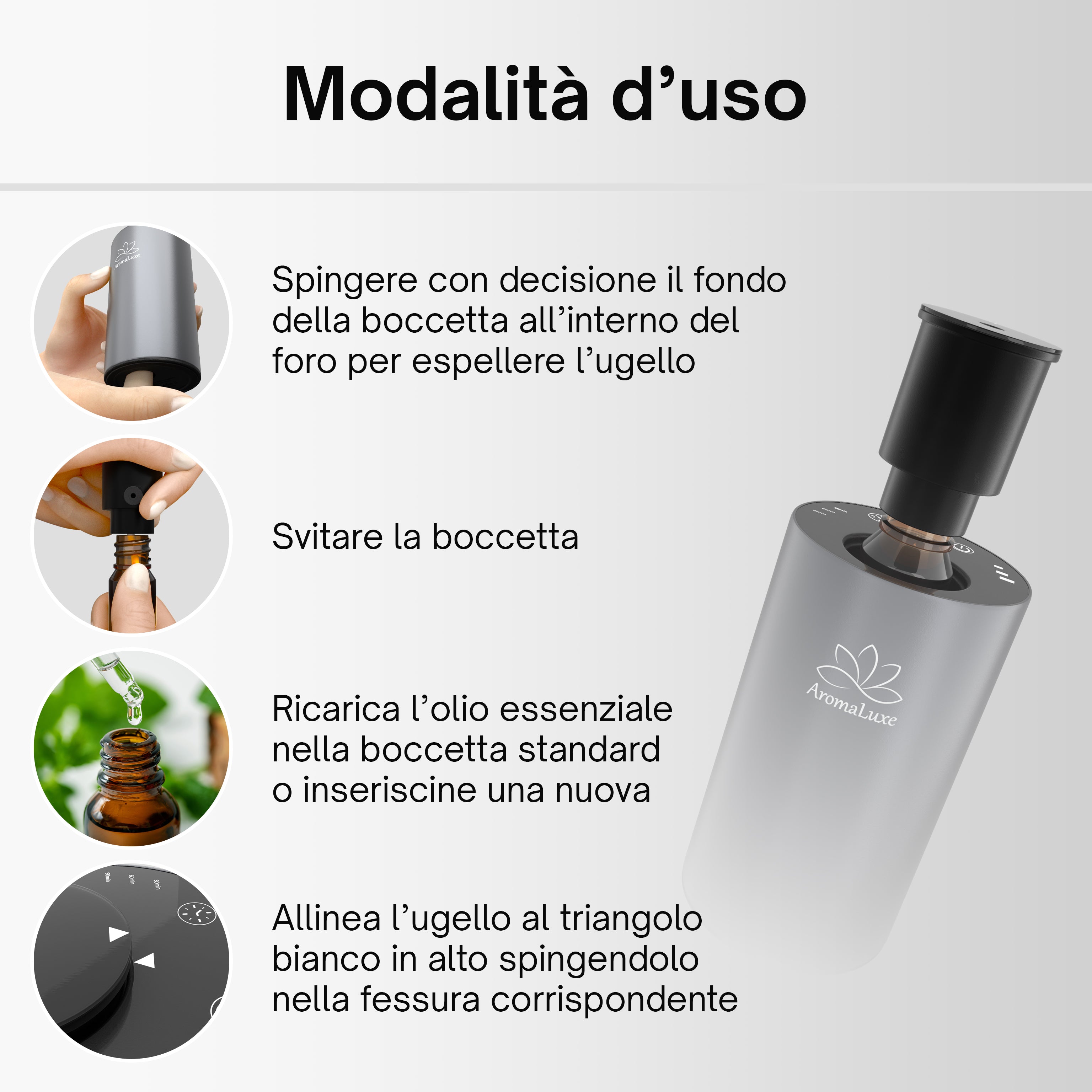 AromaLuxe – Diffusore Oli Essenziali Senza Fili in Alluminio Nero