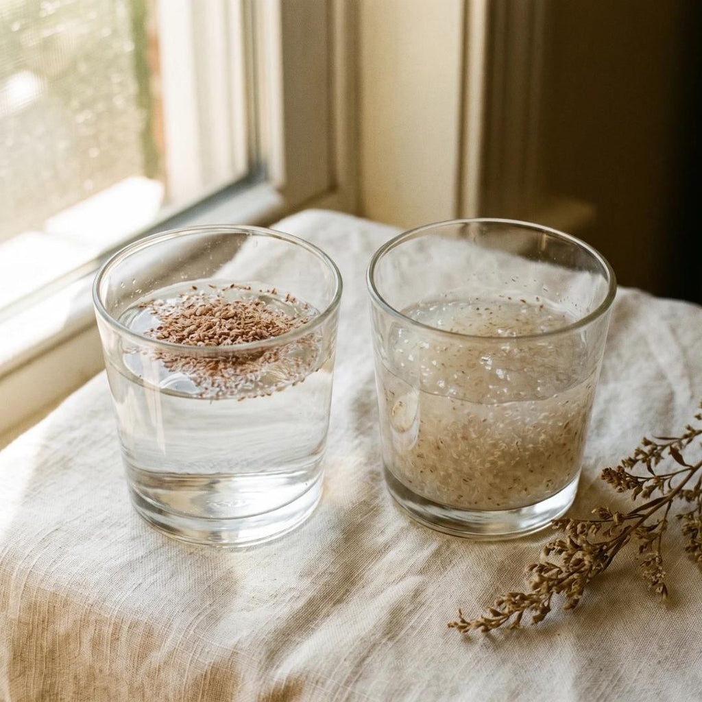 Two glass tumblers side by side , left glass contains clear water with one teaspoon of medium-coarse psyllium husk grains just added, grains visible on water surface, right glass shows thick translucent gel formed after 5 minutes